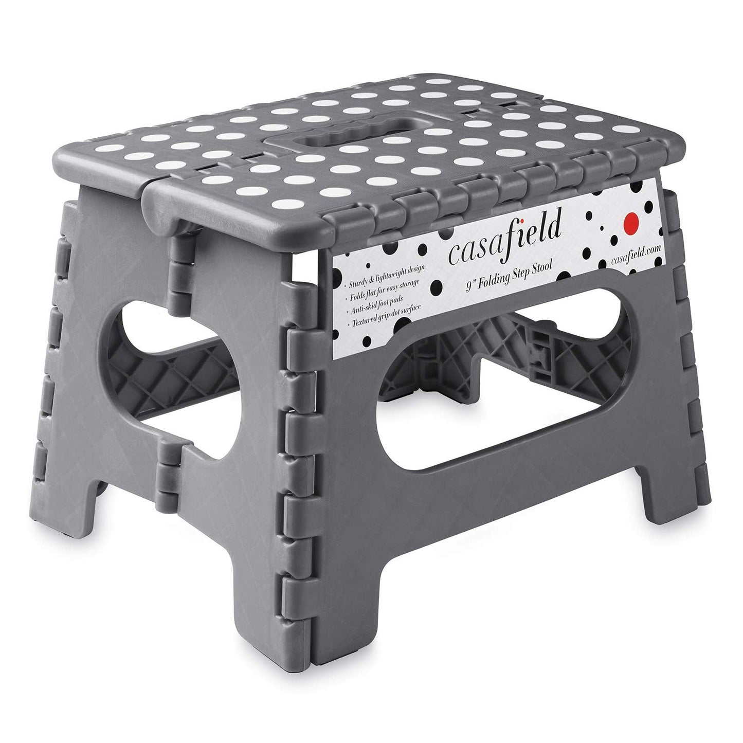 Casafield 9" Folding Step Stool with Handle, Gray - Portable Collapsible Small Plastic Foot Stool for Kids and Adults - Use in The Kitchen, Bathroom and Bedroom