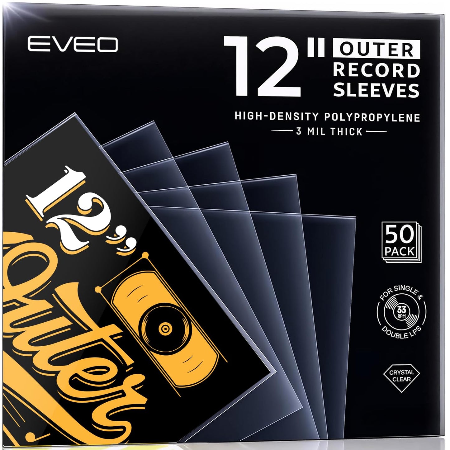 EVEO 50 Vinyl Record Sleeves Outer – Crystal Clear Outer Vinyl Sleeves LP Album Covers 12.75"x12.75" | Perfect Fit Protective 3 Mil Protection for Single & Double LPs - Archival Quality