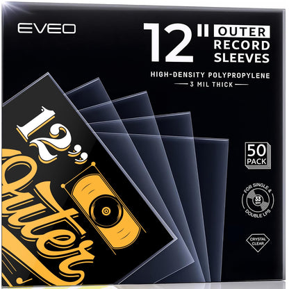 EVEO 50 Vinyl Record Sleeves Outer – Crystal Clear Outer Vinyl Sleeves LP Album Covers 12.75"x12.75" | Perfect Fit Protective 3 Mil Protection for Single & Double LPs - Archival Quality