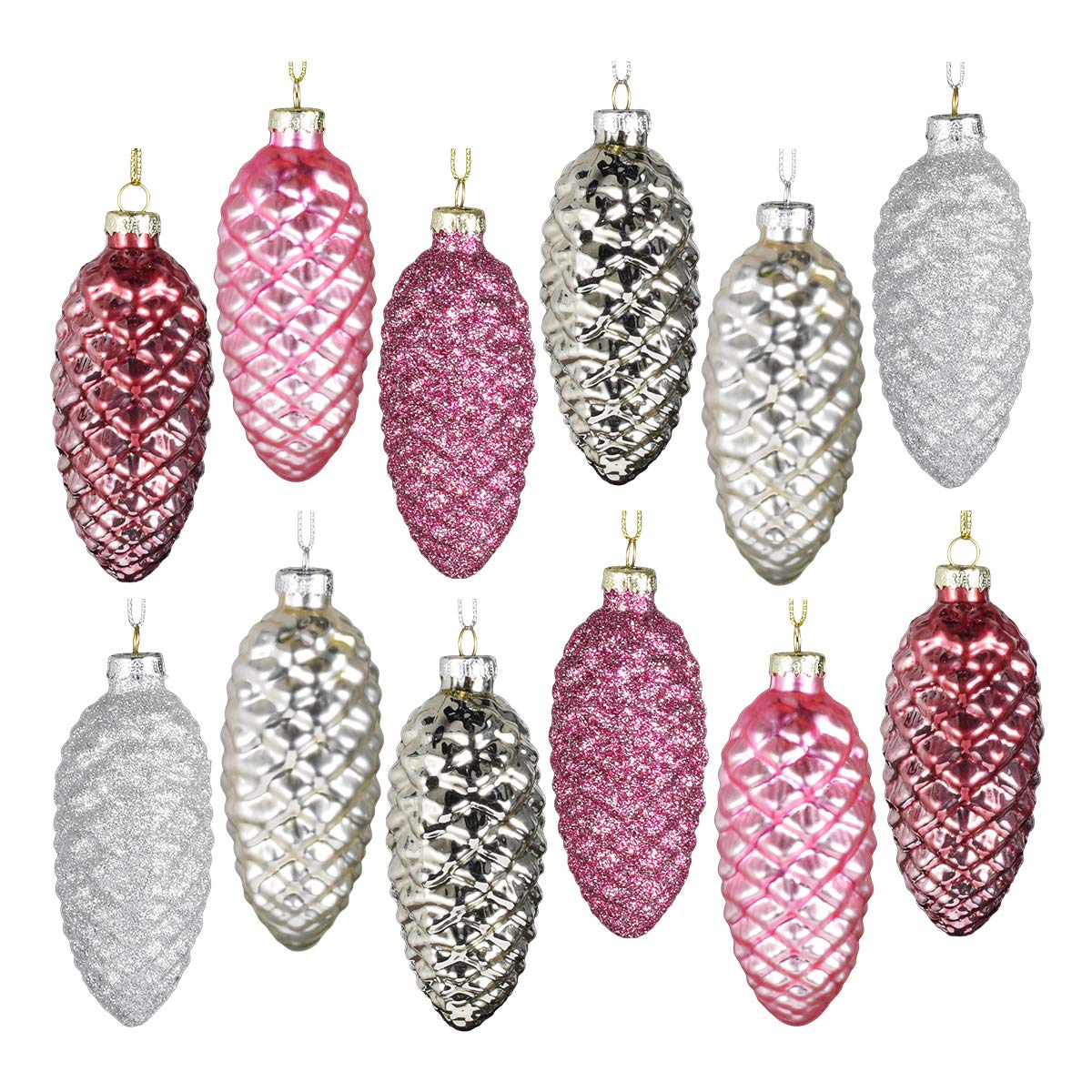 Set of 12 Pine Cone Glass Ornaments for Christmas Tree Decor, Pink Glass Pine Cone Hanging Painted Pine Cone Glass Ornaments for Christmas Tree Decor, Wedding Event Supplies