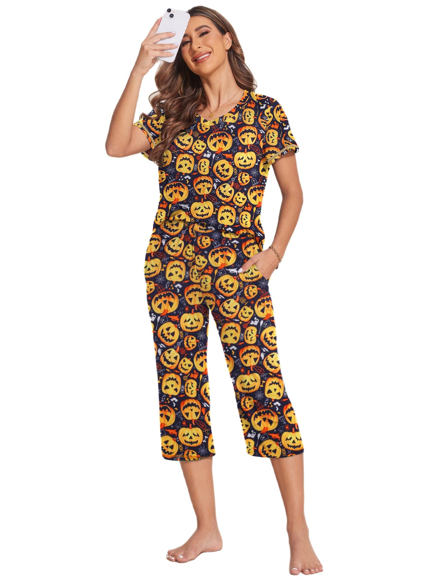 Ekouaer Women's Sleepwear Capri Pajama Sets Short Sleeve Two-Piece Pjs V Neck Tops & Capri Pants with Pockets S-3XL