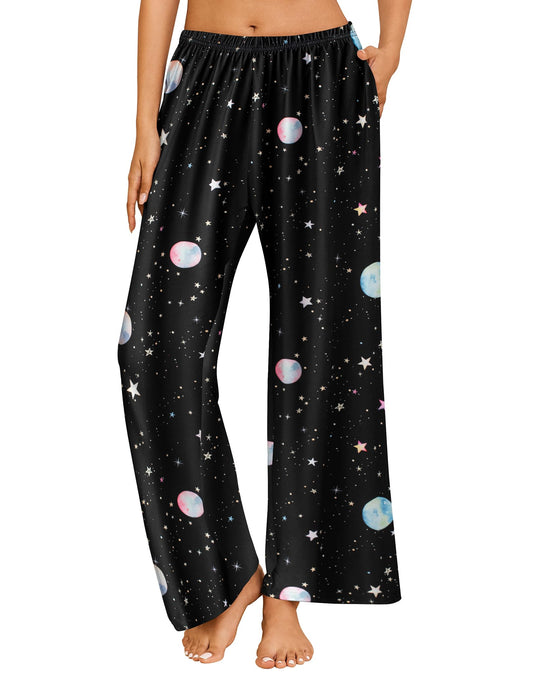 Ekouaer Pajama Pants for Women Soft Comfy Pajama Bottoms Casual Stretch Wide Leg Pants with Pockets Planet Large