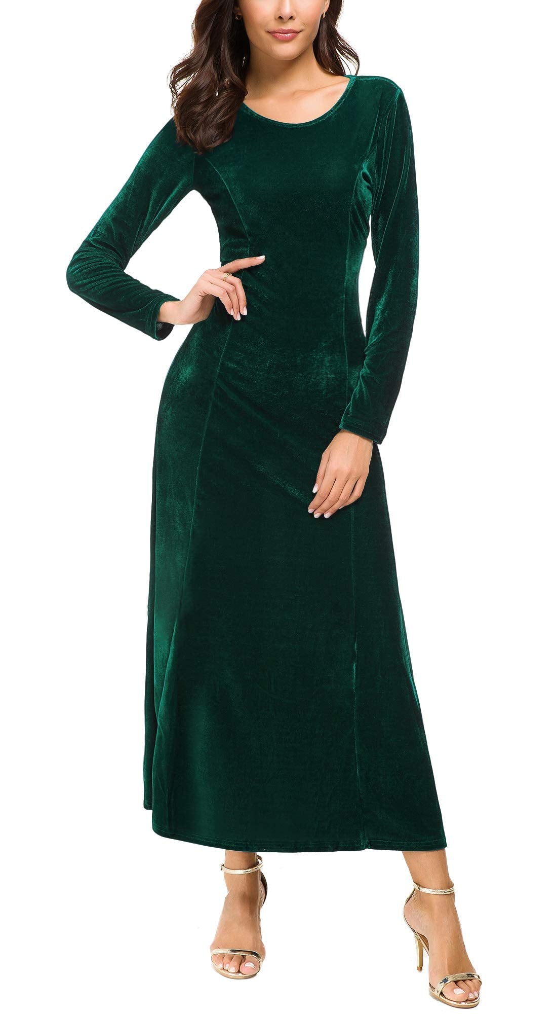 Urban CoCo Women's Elegant Long Sleeve Ruched Velvet Stretchy Long Dress (L, Green)