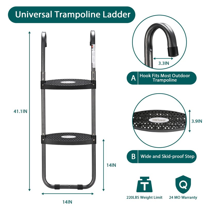 HBTower Trampoline Ladder with Horizontal and Wide Steps, Universal Hook, UV Treated Steel, 220 lbs Capacity Trampoline Accessories for Children Kids