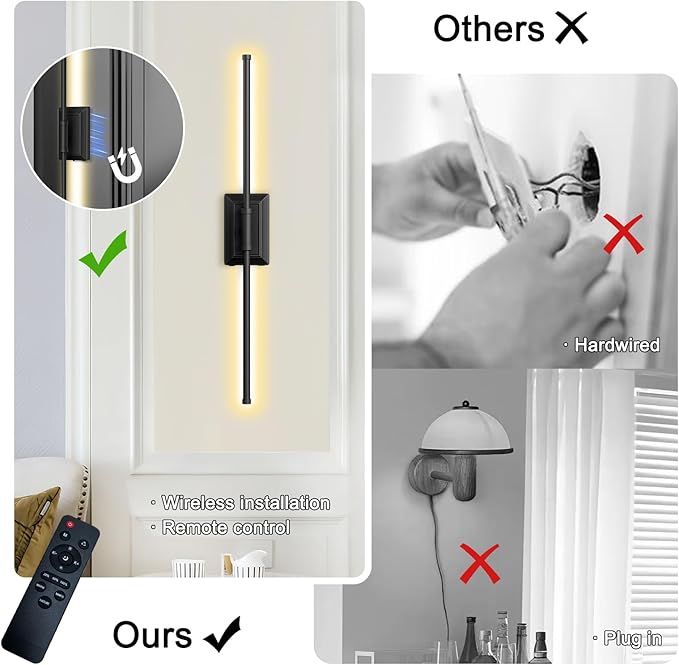 Battery Operated Wall Light Set of 2 - Gold Picture Wireless Led Plug In Walls Sconce Fixture Indoor - Art Decor Bathroom Sconces Rechargeable - Modern Bedroom Cordless Lights Fixtures with Remote