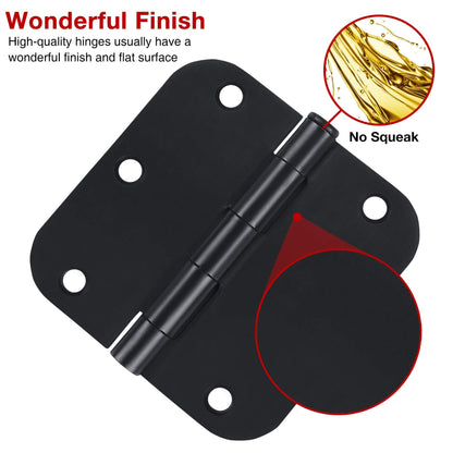 6 Pack Matte Black Interior Door Hinges Round 3.5" x 3.5 Inch 5/8" Radius Heavy-Duty Mat Hinge for Doors Standard Bedroom Work Office Door Hardware Removable Pin,Farm,Shed,Gate,Greenhouse Vent Window