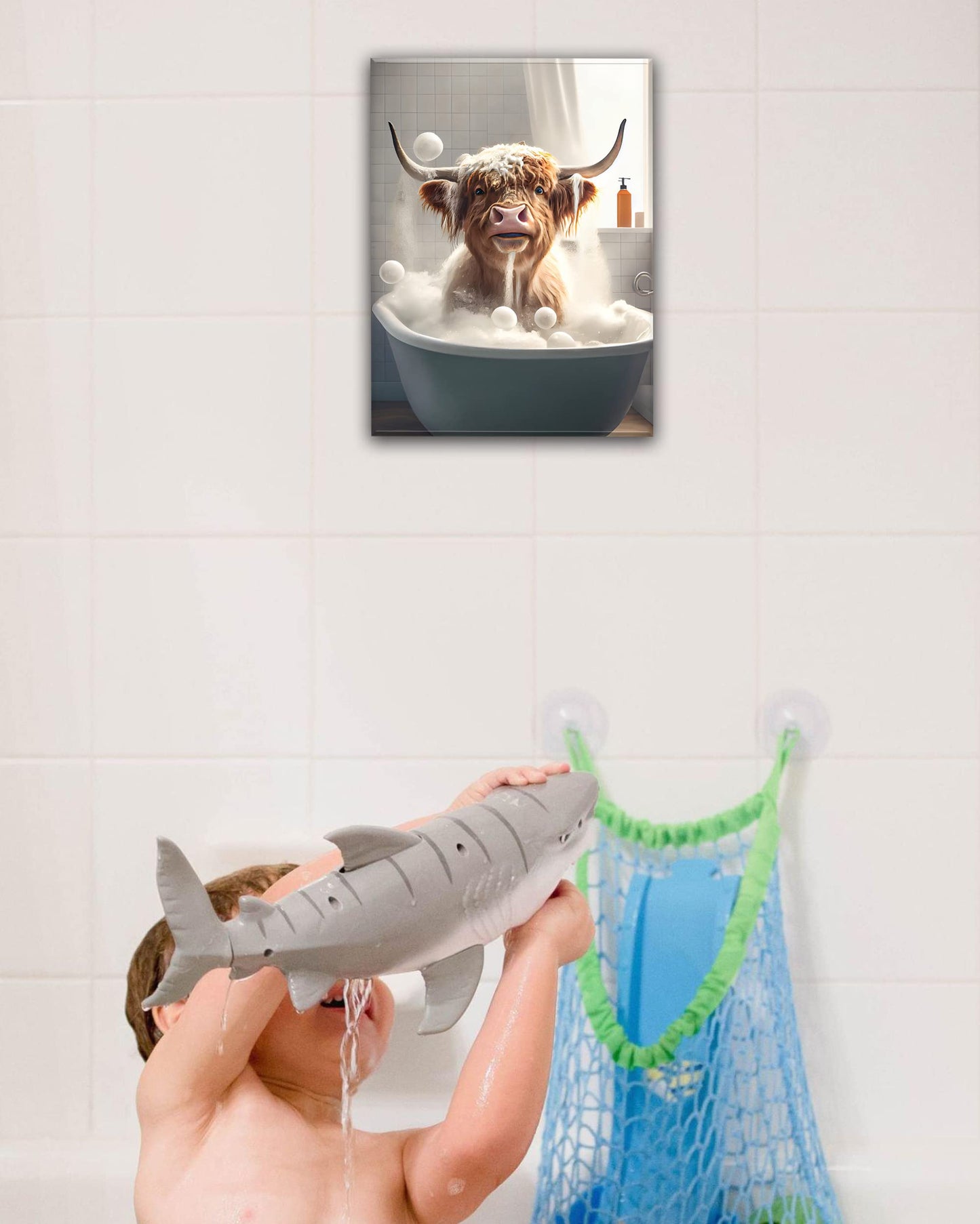 UPWOIGH Funny Bathroom Wall Art Decor,Highland Cow Wall Art, Waterproof Wood Framed Canvas Wall Art Bathing Animals Humor Abstract Prints, 12x16in High-end Pictures for Bedroom Kids Room 1 Pack