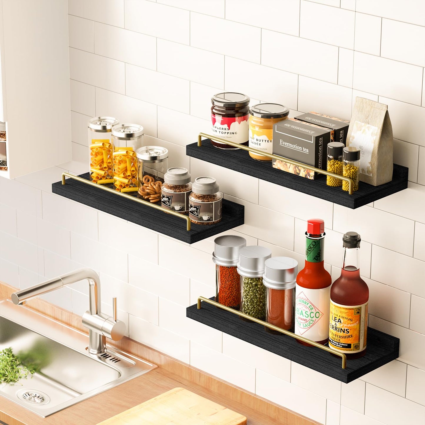 RYOFOBETTO Floating Shelves for Wall Decor, Black and Gold Shelves for Bathroom, Living Room, Bedroom, Picture Frames, Plants, Kitchen (Set of 3)