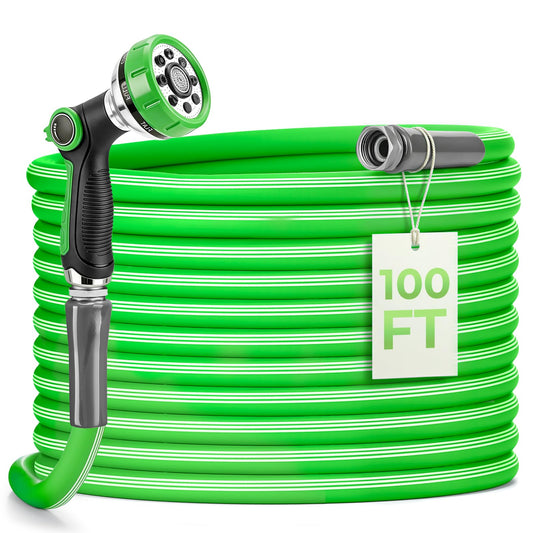 Garden Hose 100 Ft With 8-Pattern Spray Nozzle, 5/8" Lead-Free Flexible Water Hose With 3/4" Anodized Aircraft-Grade Aluminum Interface, Lightweight Kink-Resistant Water Pipe For Lawn, Yard, Outdoor