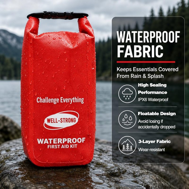 WELL-STRONG Waterproof First Aid Kit Roll Top Boat Emergency Kit with Waterproof Contents for Fishing Kayaking Boating Swimming Camping Rafting Beach Red