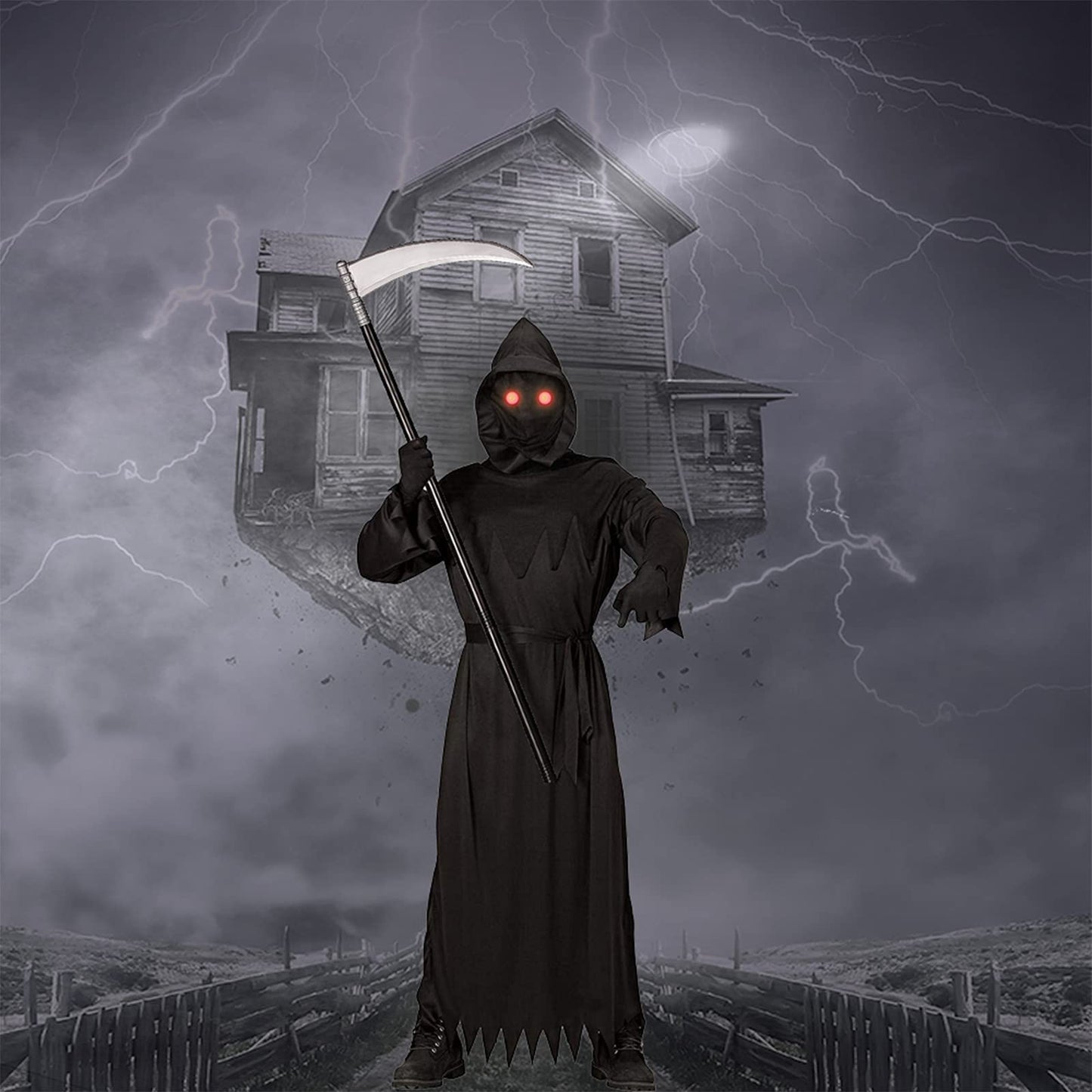 Grim Reaper Halloween Costume with Glowing Red Eyes for Kids, Scythe Included