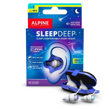 Alpine SleepDeep – Ear Plugs for Sleep - New 3D Oval Shape and Super Soft Reusable Noise Cancelling Ear Plugs - 27dB Noise Reduction - Ideal for Side Sleepers and Block Out Snoring (S+ M/L)