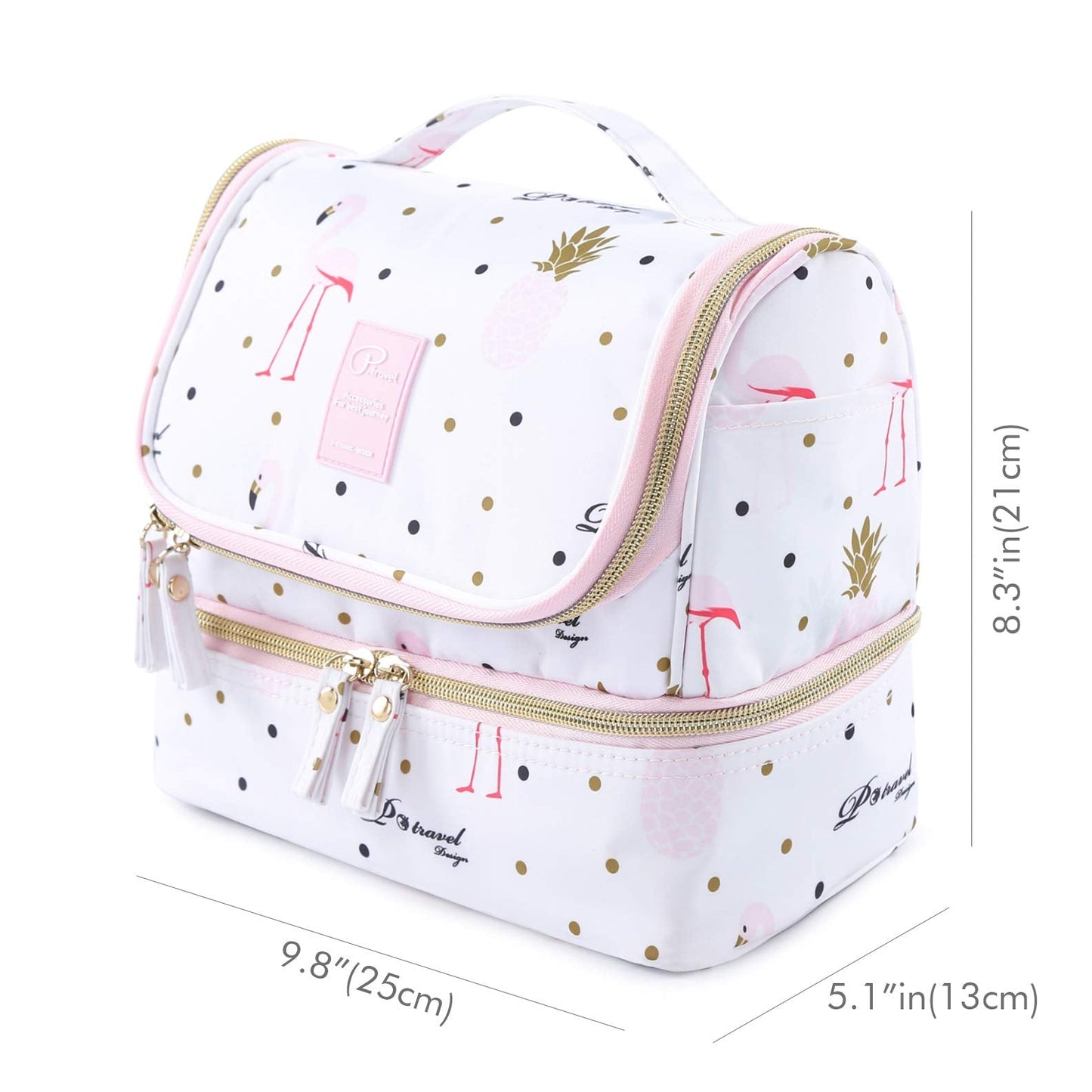 Hanging Toiletry Bag for Women, Lychii Cosmetic Bag with Double Layer, Toiletries Travel Organizer - Flamingo Printed