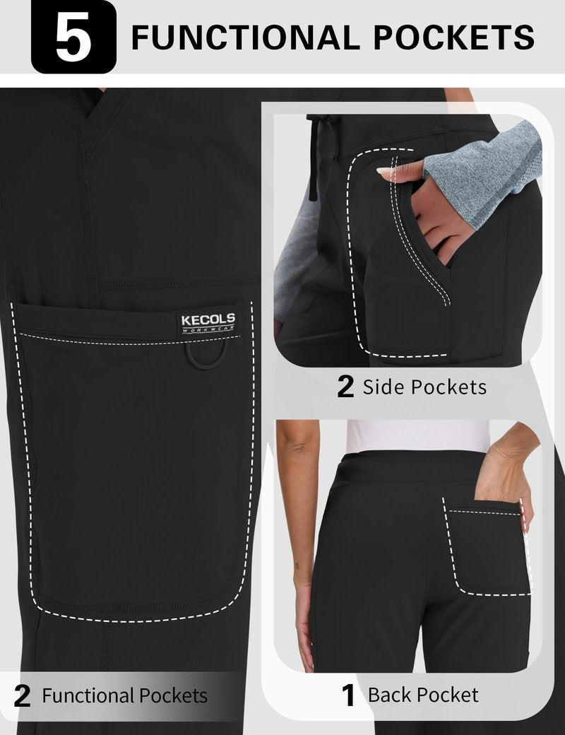 Kecols Women Yoga Scrub Pants Straight Mid Rise Elastic Waist Cargo Work Pants with Five Pocket 4-Way Stretch Black