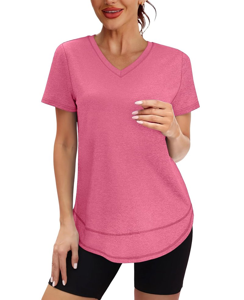 Workout Tops for Women Spring Summer Short Sleeve Golf Outfits Gym Essentials Activewear Running Shirts V Neck Red Pink S