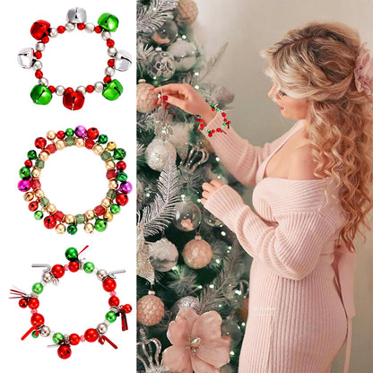 HEIDKRUEGER 3pcs Christmas Jingle Bell Bracelets Xmas Multi Color Beaded Charm Stretch Bracelet Christmas Holiday Party Favors for Women Jewelry Gift