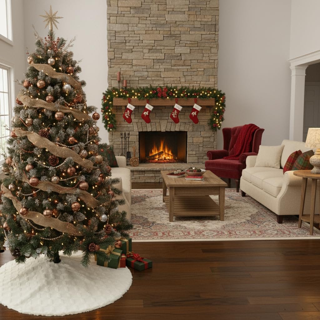 AISENO 48 Inch Christmas Tree Skirt Faux Fur with Cable Knit Knitted Thick Decoration for Merry Christmas Decorations