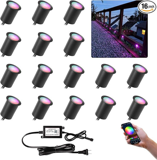 Wi-Fi Smart LED Outdoor Deck Lights, RGB Φ1.18in Low Voltage 12V DC IP67 Waterproof, Timer Voice Music Color Changing, Compatible with Aleax Google Assistant, Stair Step Lighting 16 Pack Black