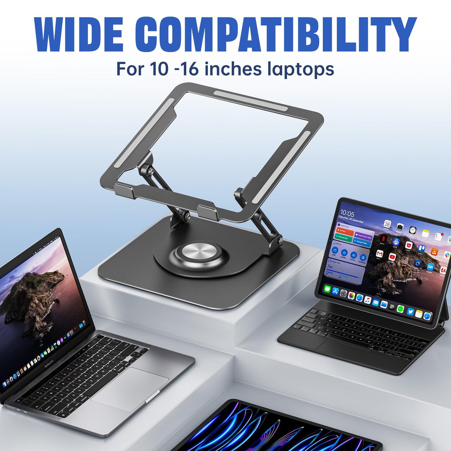 JOYEKY Laptop Stand for Desk, Adjustable Computer Stand with 360° Rotating Base, Ergonomic Laptop Riser for Collaborative Work, Foldable & Portable Laptop Stand, fits for All 10-16" Laptops