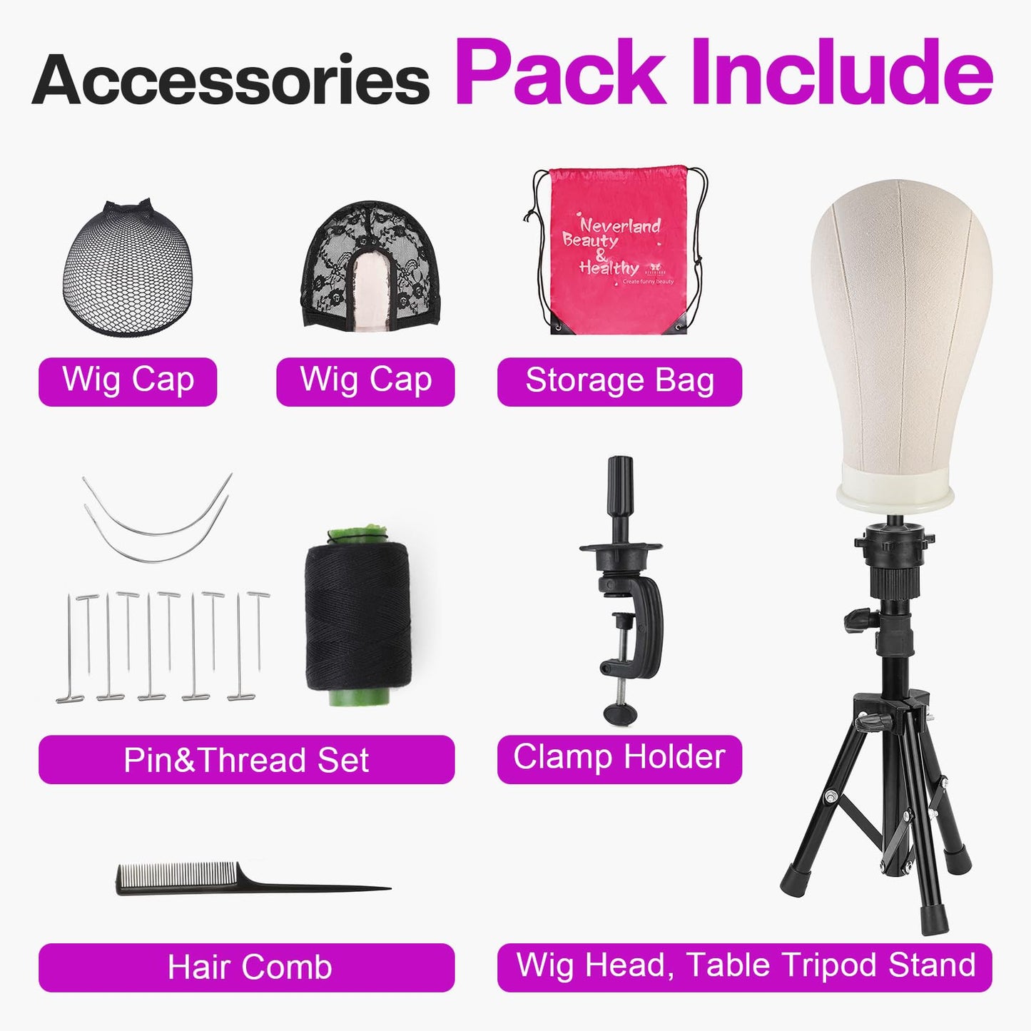 Neverland Beauty & Health 23 Inch Wig Head Stand Tripod, with Canvas Mannequin Heads for Wigs, Manikin Canvas Head Block Set for Making Display with T Pins Set Bristle Brush