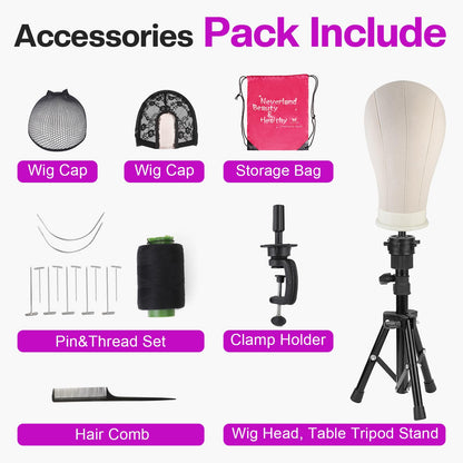Neverland Beauty & Health 23 Inch Wig Head Stand Tripod, with Canvas Mannequin Heads for Wigs, Manikin Canvas Head Block Set for Making Display with T Pins Set Bristle Brush