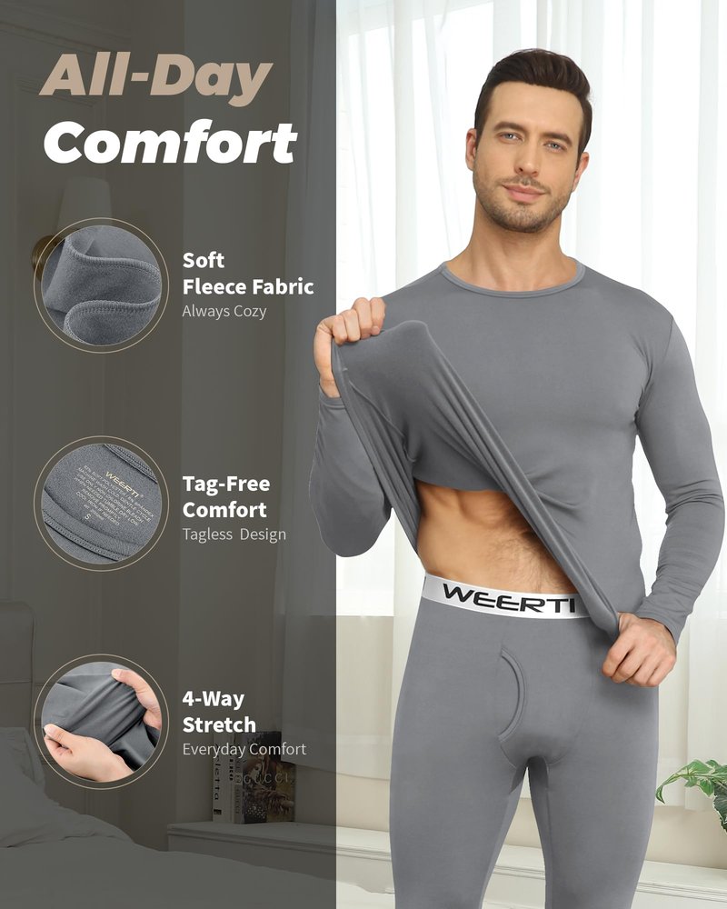 WEERTI Thermal Underwear for Men Long Johns with Fleece Lined Base Layer Men Cold Weather Top Bottom-Grey M