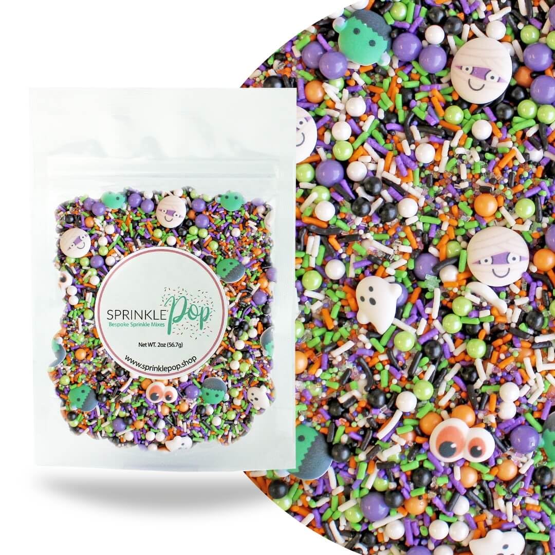 Sprinkle Pop Monster Mashup Sprinkle Mix| Orange Black White Lime Purple Sprinkles| Halloween Sprinkles with ~6 monster, ghosts, creepy eyeballs Made in USA for Decorating Cakes Cookies Cupcakes, 2oz
