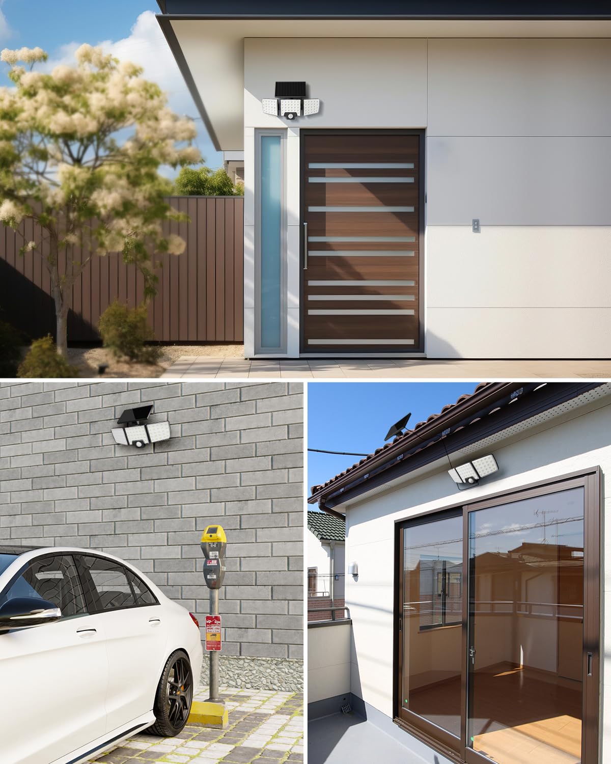 Lepro Solar Security Lights Outdoor Motion Sensor, 2 in 1 Separated and Integrated Remote Control IP65 Waterproof Solar Lights with 3 Light Modes, 3 Heads Solar Floodlight for Garden Yard