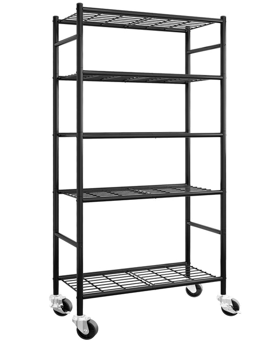Sakugi Storage Shelves Organizer - 5 Tier Metal Shelf Organizer with Metal Wheels and Adjustable Leveling Feet, Heavy Duty Garage Shelving for Kitchen, Pantry and Closet, 33.1"x12.6"x73.5", Black