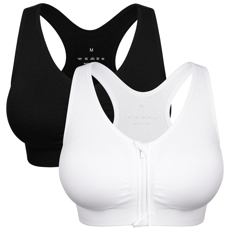 Women's Zip Front Sports Bra - Wireless, Padded, Post-Surgery Zipper Front Racerback Workout Yoga Gym Bra Top 2 Pack