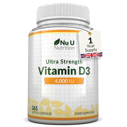Nu U Nutrition - Vitamin D 4000 IU - 365 Softgel Capsules not Tablets - 1 Year Supply - Quadruple Strength -Easy to Swallow - Vitamin D3 Supplement - Made in The UK