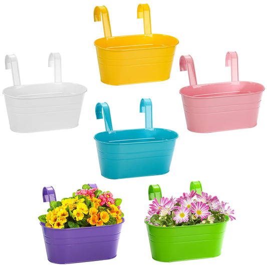 Foraineam 6 Pack Hanging Flower Pots, Metal Iron Plant Pot Holders, Garden Pots Balcony Planters, Metal Bucket Flower Holders Wall Hanging Decor Pot with Detachable Hooks for Railing Fence Balcony
