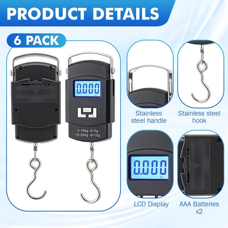 Sabary 6 Pcs Digital Fish Scale 110lb/50kg Hanging Fishing Scale Luggage Scales, Backlit LCD Display, Stainless Steel Hook, for Gym, Hunting, Farming, Fishing, Travelling Gifts for Men