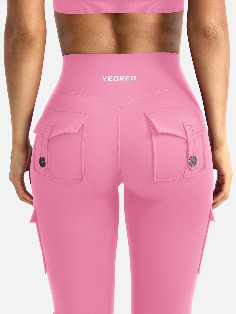 YEOREO CoreFlex Women Workout Flare Leggings with Pockets Hidden Scrunch High Waisted Cargo Gym Yoga No Front Seam Leggings Pink XL