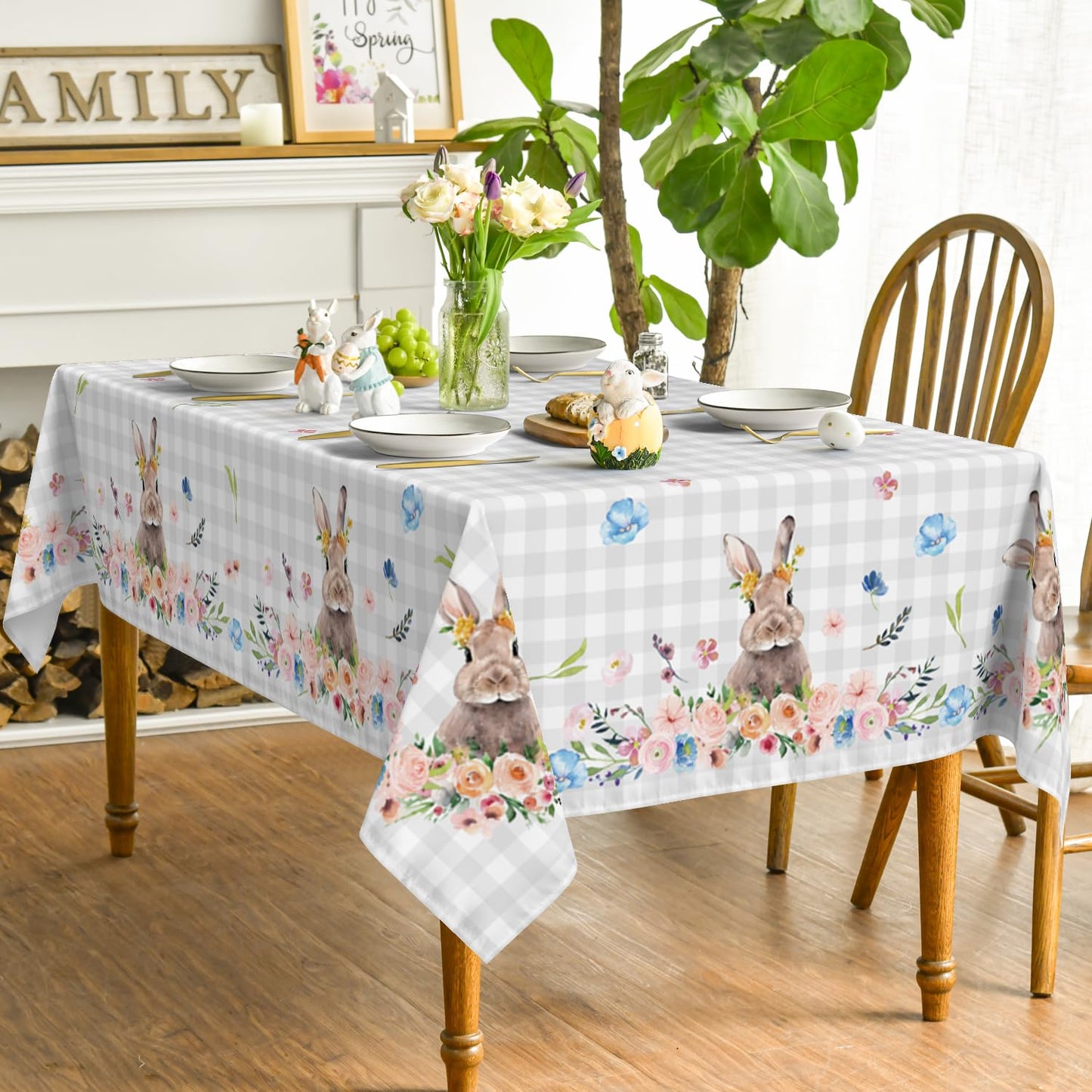 Horaldaily Easter Tablecloth 60x84 Inch Rectangular, Spring Flower Buffalo Plaid Bunny Table Cover for Party Picnic Dinner Decor