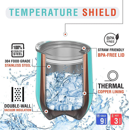 CHILLOUT LIFE Stainless Steel Wine Tumblers 2 Pack 12 oz & 1 Insulated Wine Bottle - Double Wall Vacuum Insulated Wine Cups with Lids and Straws Set - Black