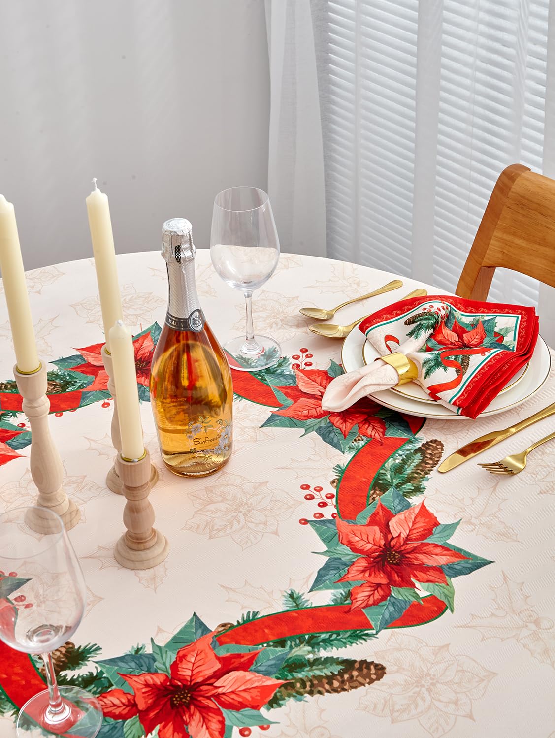 YiHomer Poinsettia Ribbon Engineered Printed Fabric Christmas Tabletop for Xmas Winter Holiday, Christmas Time, Tablecloth, 70" Round