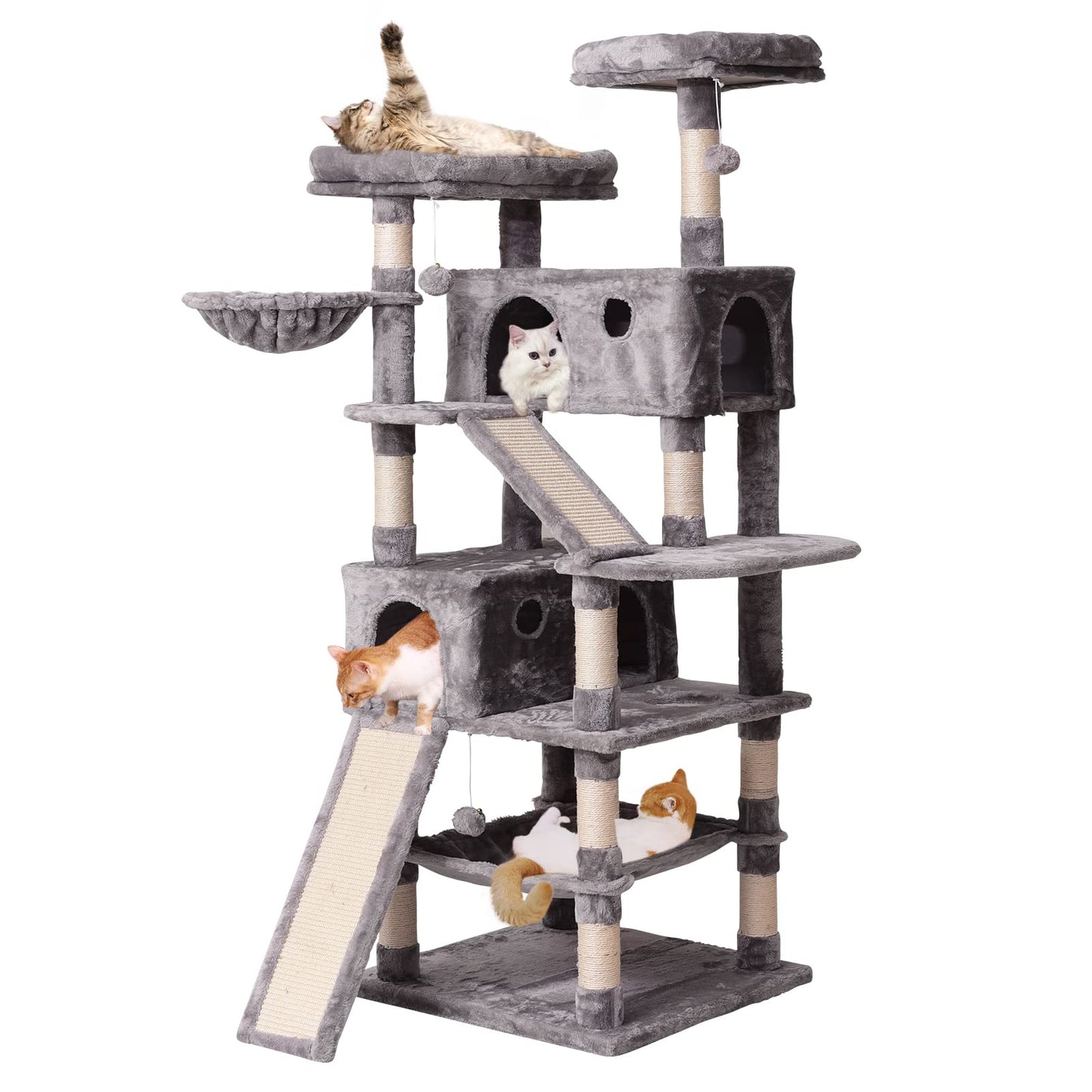 JISSBON Cat Tree Tower 178cm, Multi-Level Cat Scratching Post with Condos, Ladders, Basket, Hammock & Plush Perches for Kittens, Large Cats, Light Grey