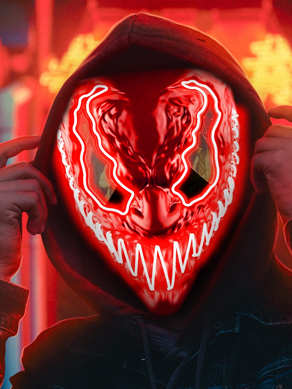 Quanquer Halloween LED Light Up Mask - Red Glowing Scary Costume Mask for Adults & Kids, Red Face Mask with 3 Lighting Modes - Ideal Gift for Men Women Halloween Party, Cosplay, Festival