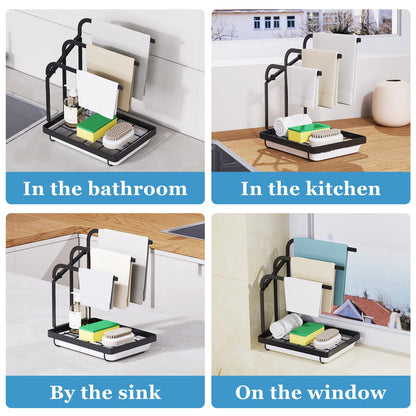 Apsan Sponge Holder with Drain Pan for Kitchen Sink, Kitchen Sink Caddy Organizer for Sponge Brush Soap Dish Dishcloth Rack, Small Black