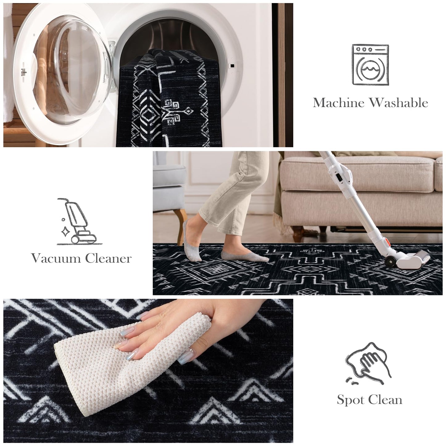 STARUIA Washable 8x10 Black and White Area Rug for Living Room, Western Aztec Tribal Moroccan Area Rug, Boys Neutral Rug for Bedroom, Non-Slip Large Carpet Under Dining Table Home Office
