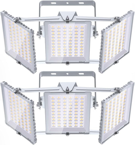 450W 2 Pack 2025 Plus New Upgraded LED Flood Light Outdoor, 45000LM Super Bright Stadium Lights, 6000K Daylight White, IP66 Waterproof, 3 Heads Adjustable Floodlights for Yard, Arena, Garden