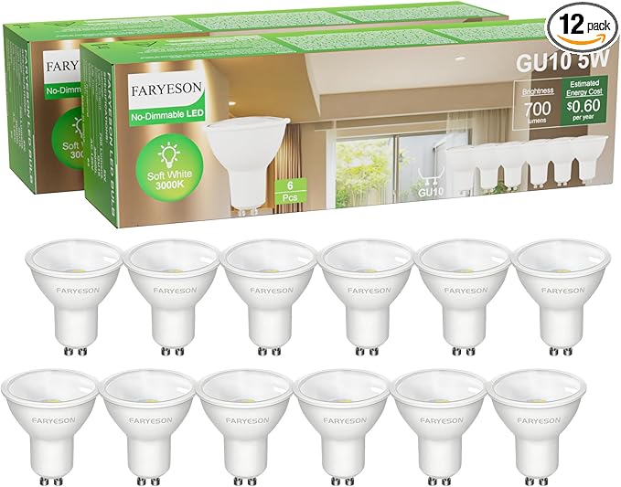 GU10 LED Light Bulbs - 5W, Warm White (3000K), Non-Dimmable, 700 Lumens, Wide 110° Flood Beam, Great for Recessed and Track Lighting in Kitchens, Living Rooms, and Bedrooms, 12-Pack