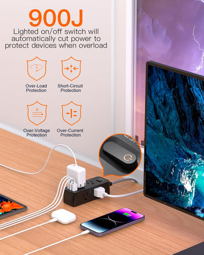 Power Strip Surge Protector, BESHON 5Ft Extension Cord, 6 Outlets with 4 USB Ports (2 USB C Outlet), 3-Side Outlet Extender, Wall Mount, Compact for Travel, Home, School, College Dorm Room and Office