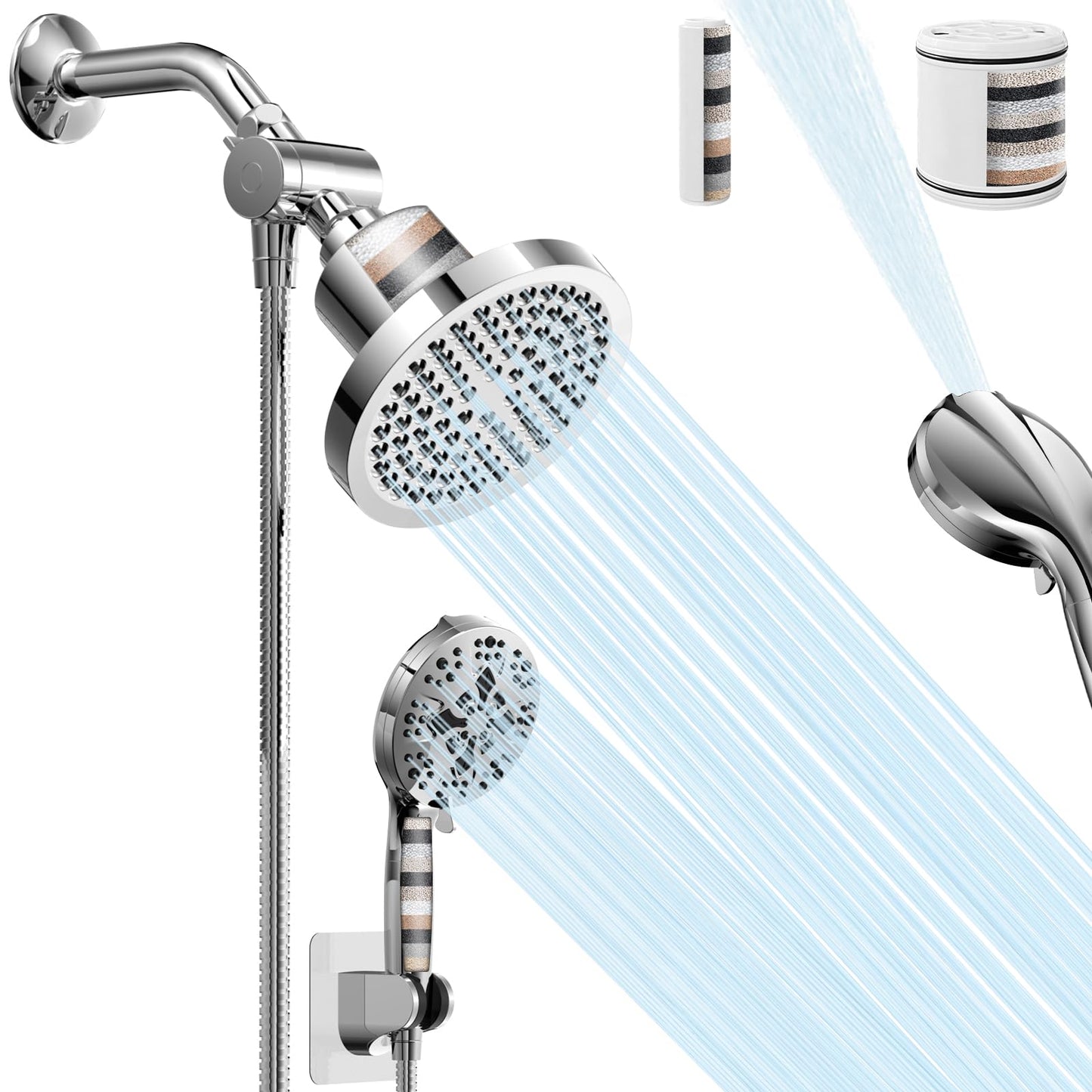 High Pressure Shower Head Combo with Handheld Spray, 6" Filtered Rain Shower Head & 5" Handheld Shower Head with Filters, 69" Stainless Steel Hose - Dual Shower Head Set for Bathroom Home