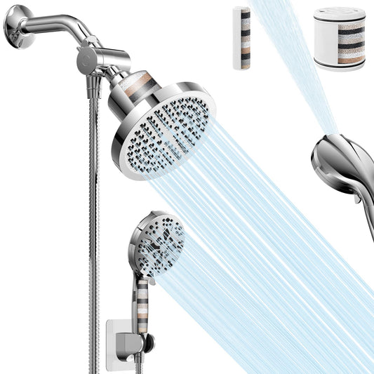 High Pressure Shower Head Combo with Handheld Spray, 6" Filtered Rain Shower Head & 5" Handheld Shower Head with Filters, 69" Stainless Steel Hose - Dual Shower Head Set for Bathroom Home
