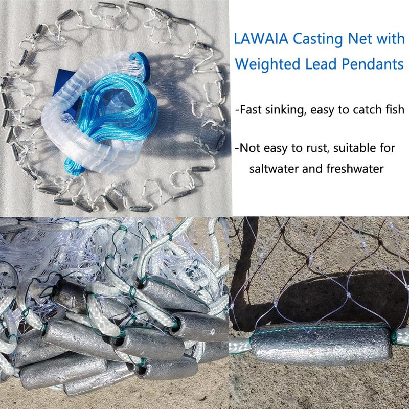 Lawaia Cast Net with Lead Sinkers Fishing Throw Nets Hand Castnet Shrimp Bait Traps 1/2 inch Mesh for Freshwater Saltwater with 4ft Radius