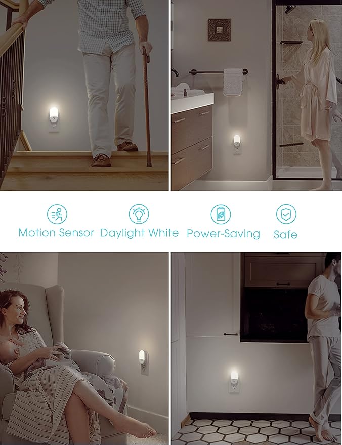 L LOHAS LED Motion Sensor Night Light Plug in, Motion Activated Night Light, 5000K Daylight White, Night Light Plug Into Wall, Adjustable Brightness, Night Light for Bathroom, Kids, Hallway, 4 Pack