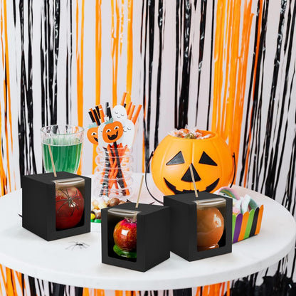BadenBach 40 Pack Kraft Candy Apple Boxes with Sticks,4" x 4" x 4",Caramel Apple Box Kit Chocolate Cake Treat Boxes with Clear Window for Wedding,Party,Birthday,Baby Shower,Halloween (Black)
