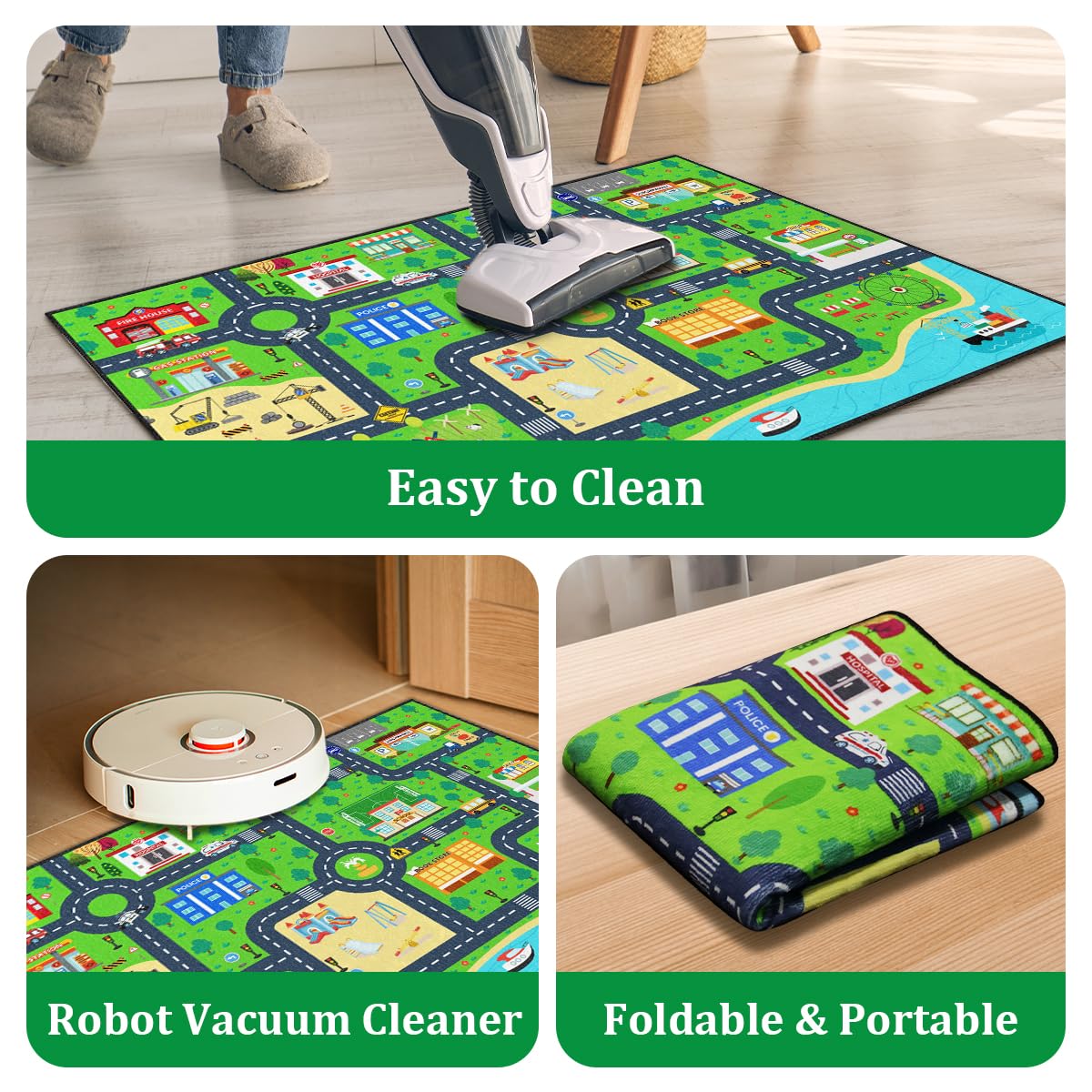 Road Rug for Kids 2×3 Ft - Car Track Road Map Play Mat, City Traffic Learning Carpet, Smooth Low-Pile with TPR Non-Slip Backing for Playroom